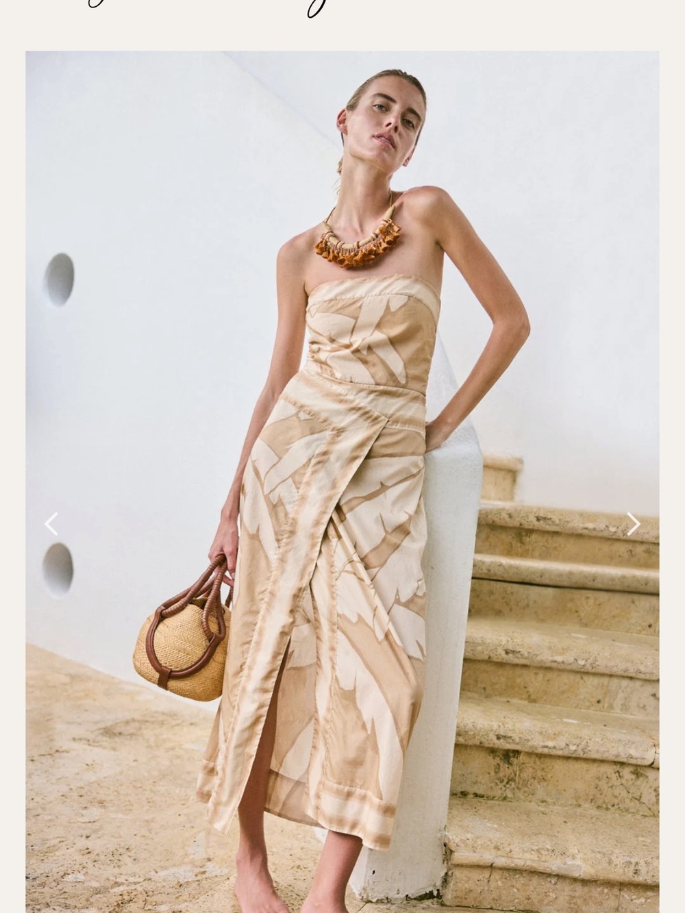 Johanna Ortiz Strapless Beige & Cream Printed Midi Dress